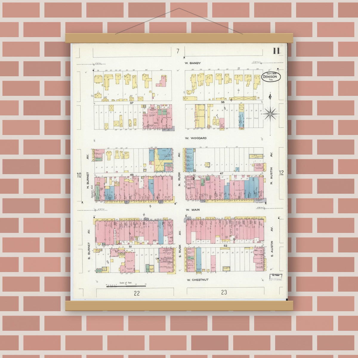 Old map wall art mockup — magnetic wood frame on brick wall — Sanborn Fire Insurance Map from Denison, Grayson County, Texas (1908), Sheet #0011