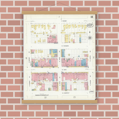 Old map wall art mockup — magnetic wood frame on brick wall — Sanborn Fire Insurance Map from Denison, Grayson County, Texas (1908), Sheet #0011