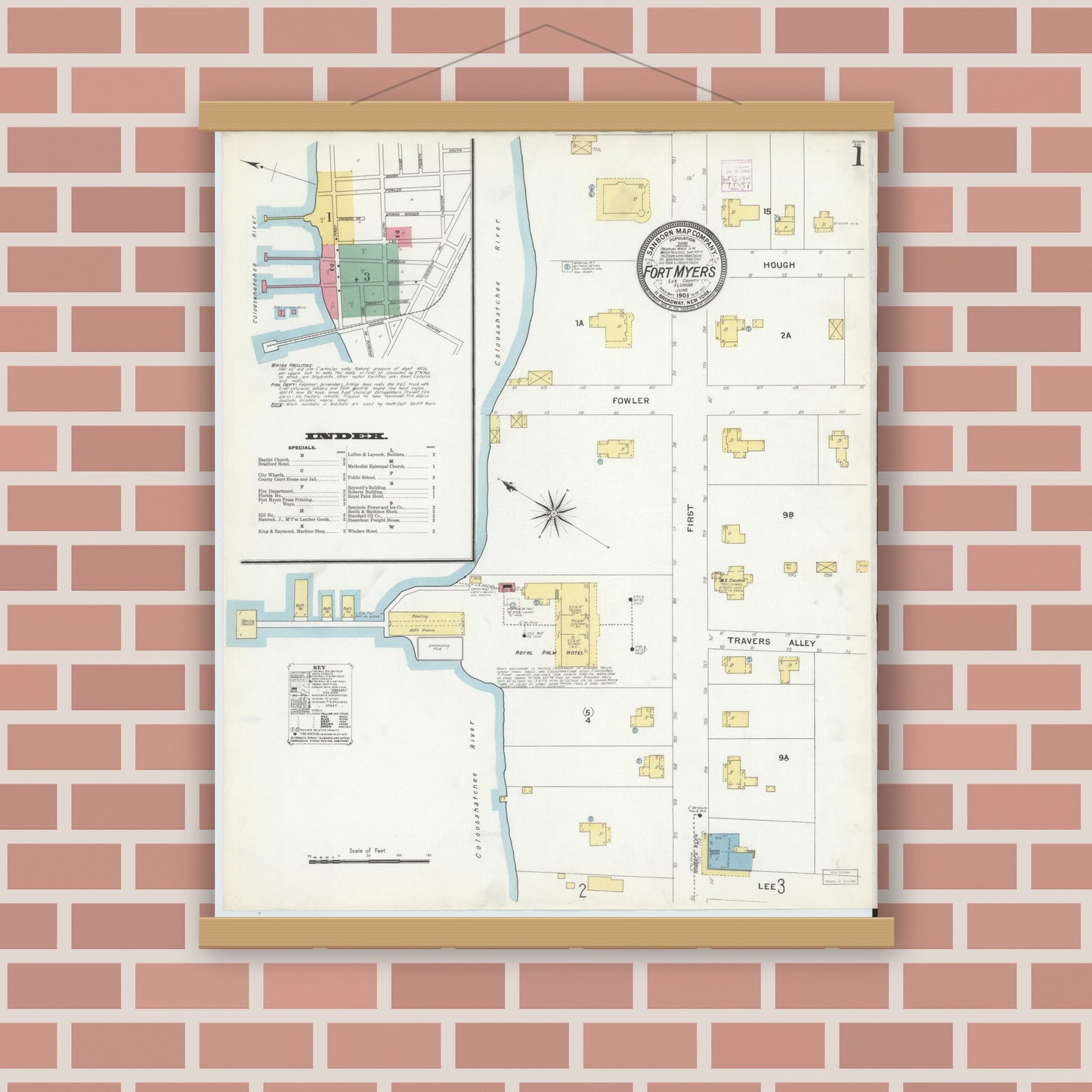 Old map wall art mockup — magnetic wood frame on brick wall — Sanborn Fire Insurance Map from Fort Myers, Lee County, Florida (1908) - Complete Map Set