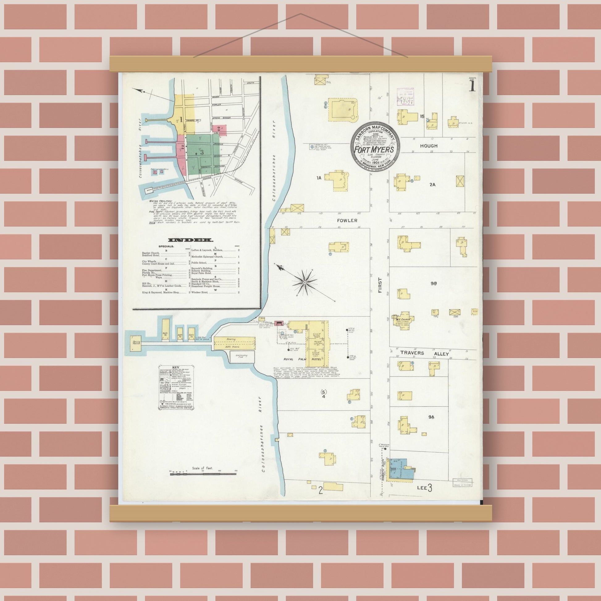 Old map wall art mockup — magnetic wood frame on brick wall — Sanborn Fire Insurance Map from Fort Myers, Lee County, Florida (1908) - Complete Map Set