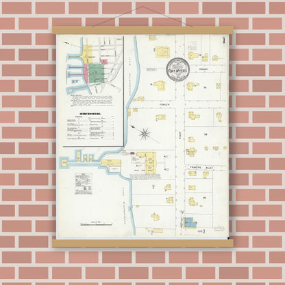 Old map wall art mockup — magnetic wood frame on brick wall — Sanborn Fire Insurance Map from Fort Myers, Lee County, Florida (1908) - Complete Map Set