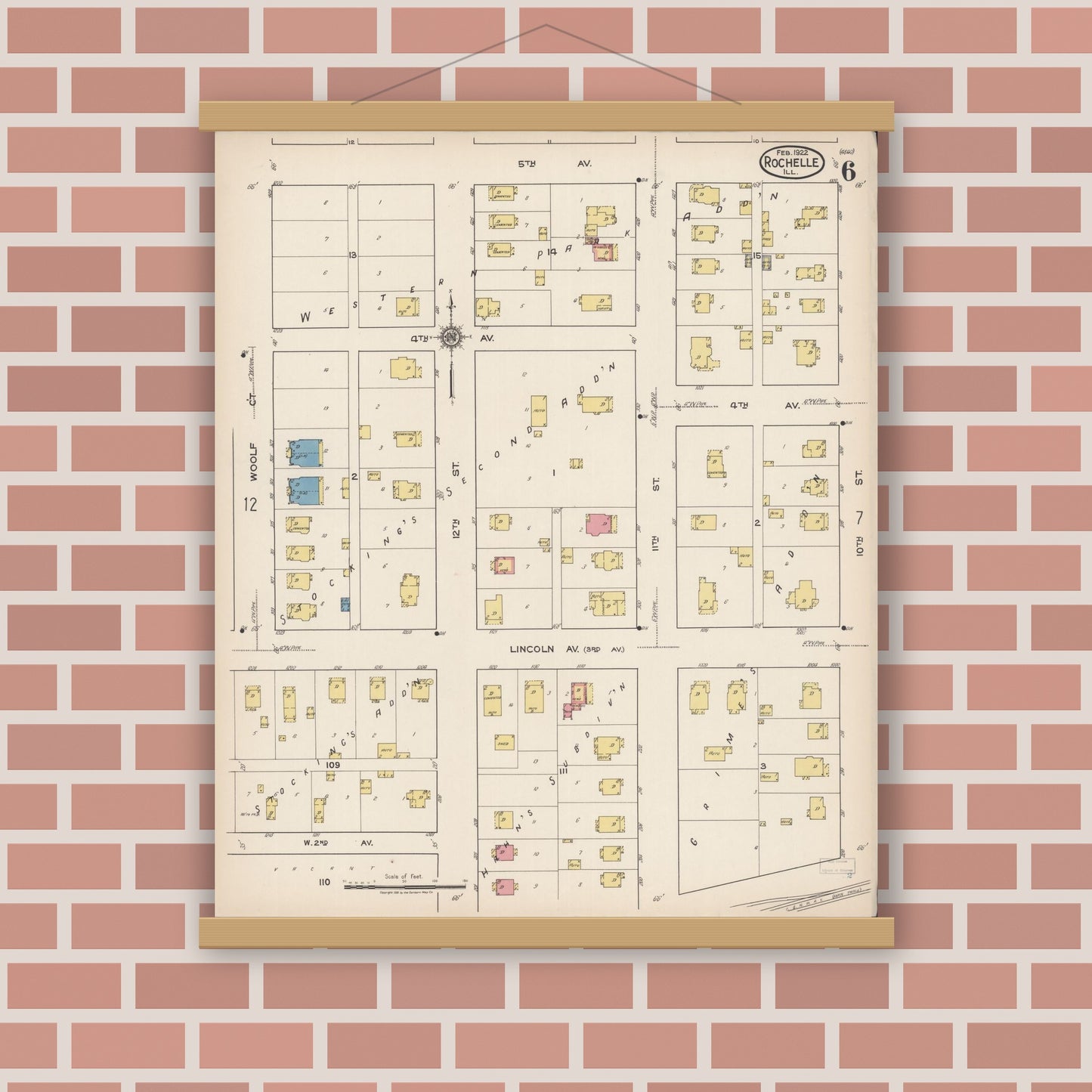Old map wall art mockup — magnetic wood frame on brick wall — Sanborn Fire Insurance Map from Rochelle, Ogle County, Illinois (1922), Sheet #0006