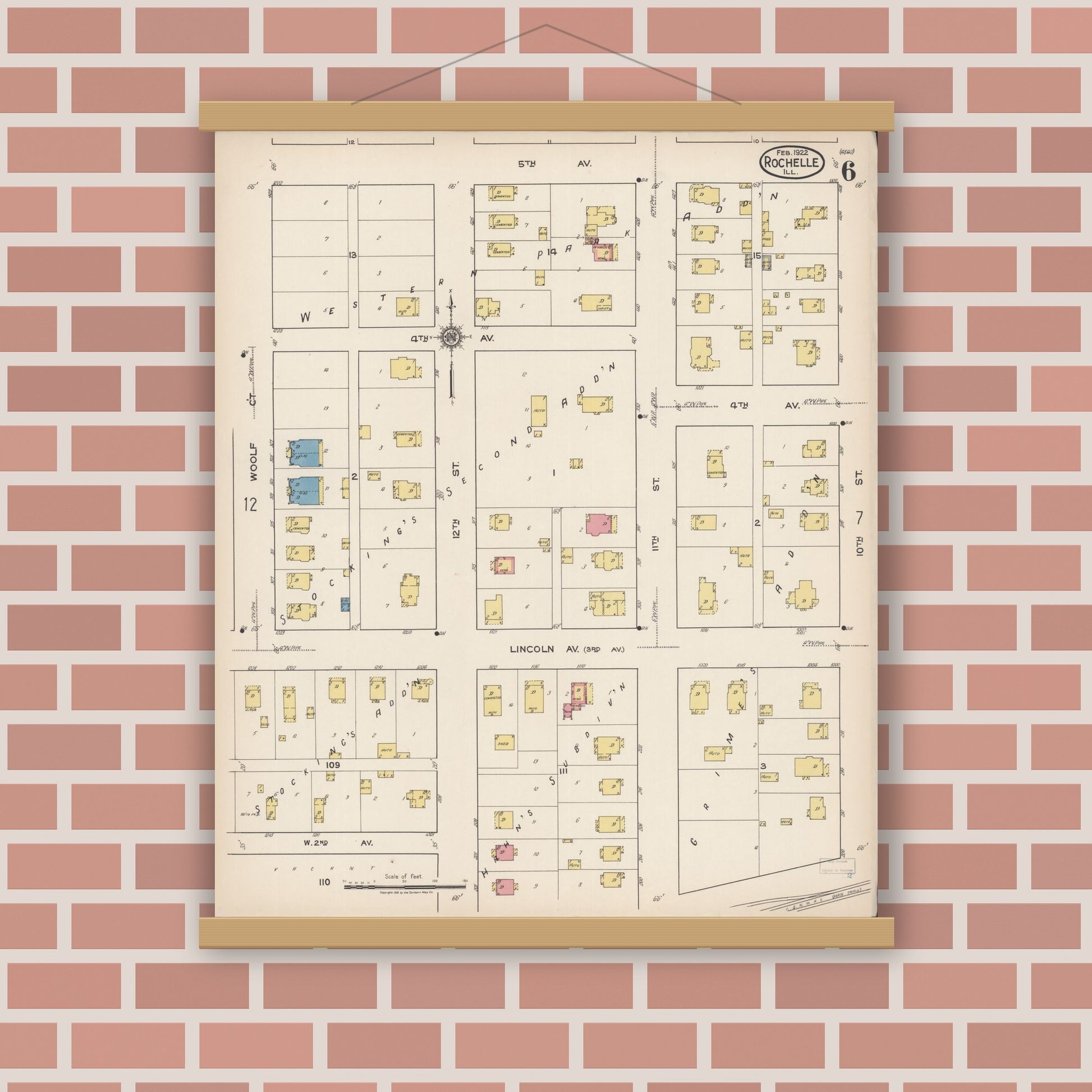 Old map wall art mockup — magnetic wood frame on brick wall — Sanborn Fire Insurance Map from Rochelle, Ogle County, Illinois (1922), Sheet #0006