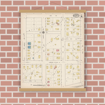 Old map wall art mockup — magnetic wood frame on brick wall — Sanborn Fire Insurance Map from Rochelle, Ogle County, Illinois (1922), Sheet #0006
