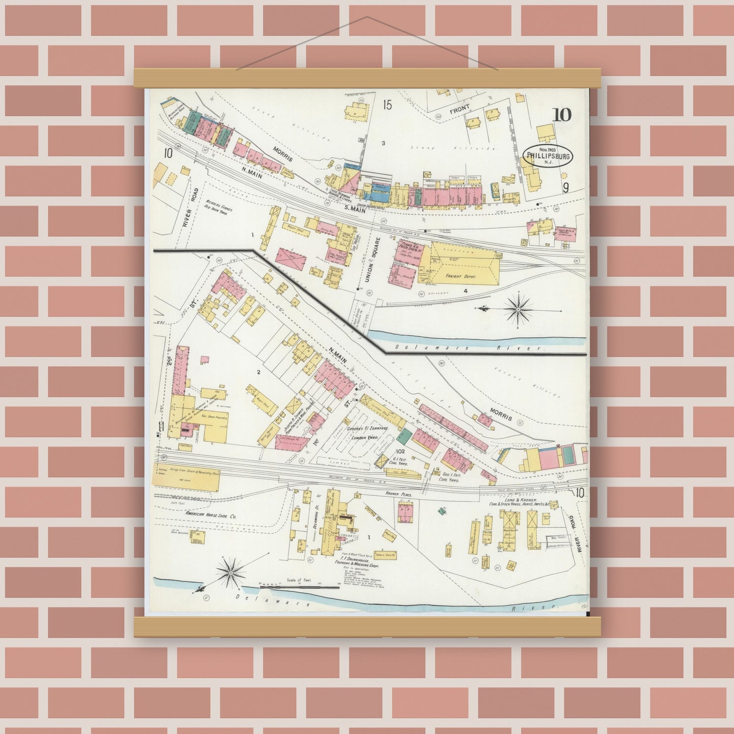 Old map wall art mockup — magnetic wood frame on brick wall — Sanborn Fire Insurance Map from Phillipsburg, Warren County, New Jersey (1903), Sheet #0010