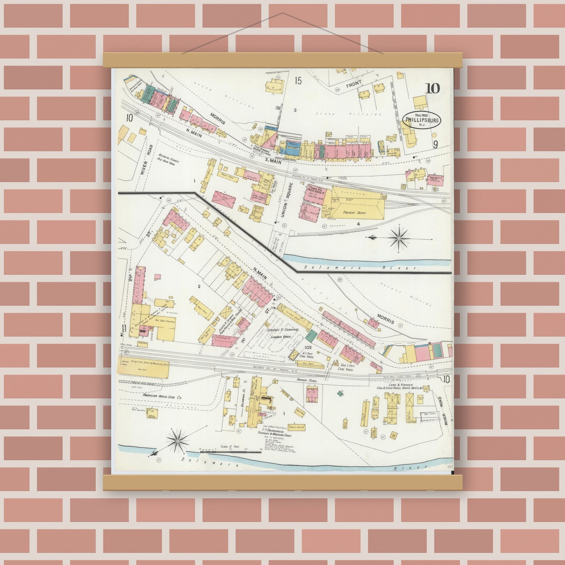 Old map wall art mockup — magnetic wood frame on brick wall — Sanborn Fire Insurance Map from Phillipsburg, Warren County, New Jersey (1903), Sheet #0010