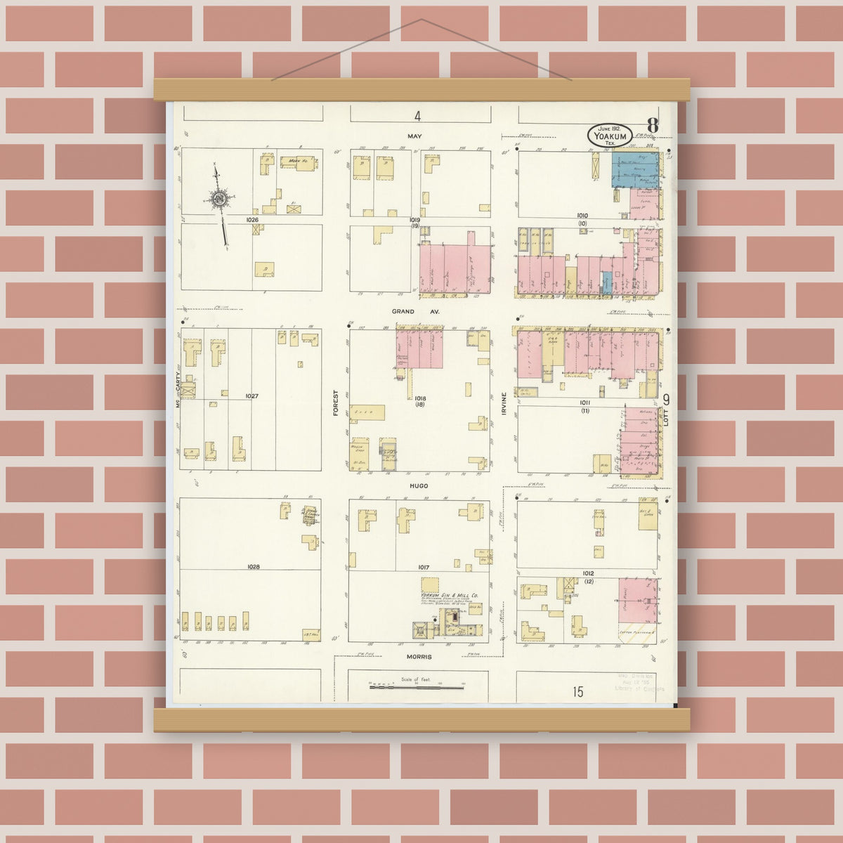 Old map wall art mockup — magnetic wood frame on brick wall — Sanborn Fire Insurance Map from Yoakum, De Witt And Lavaca Counties, Texas (1912), Sheet #0008