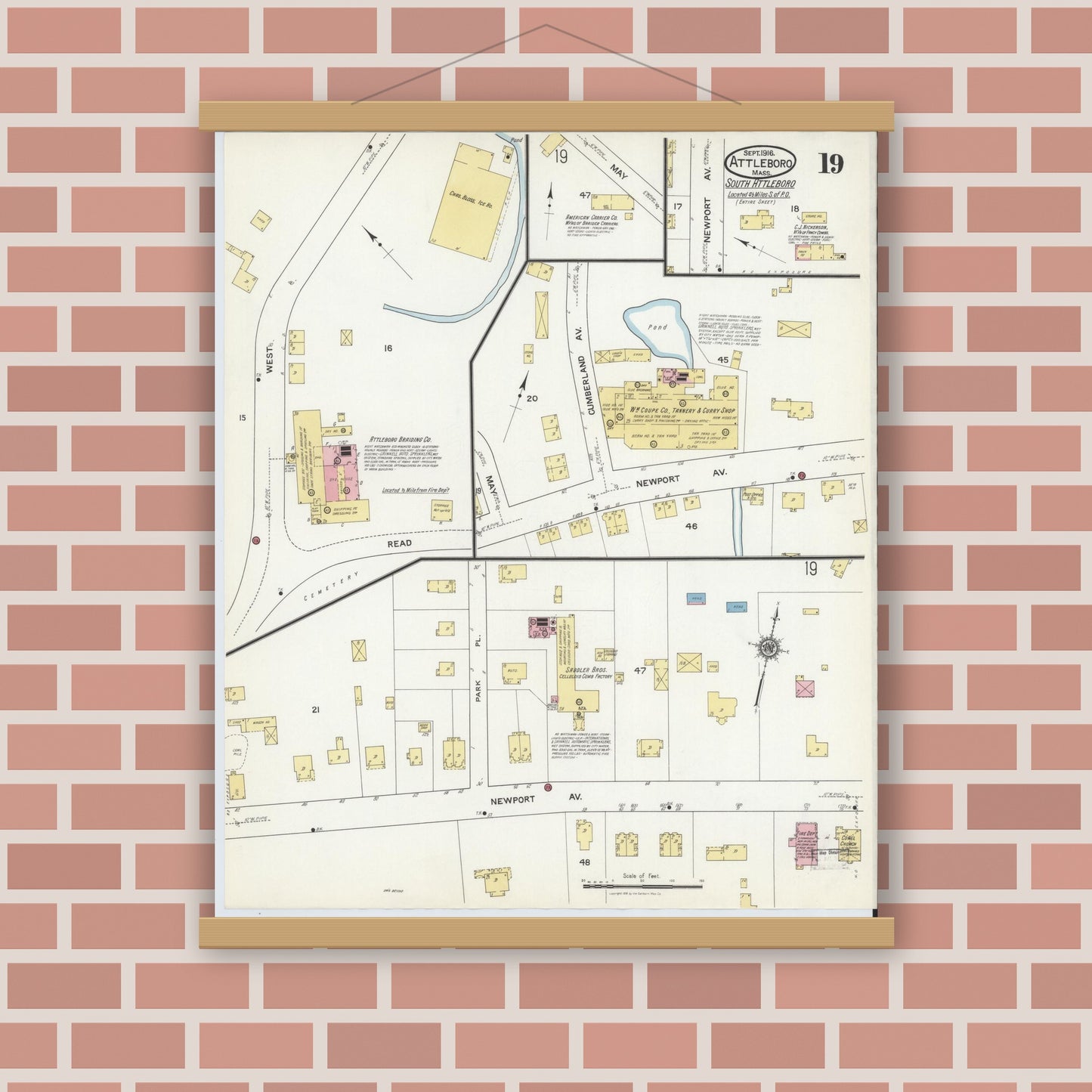 Old map wall art mockup — magnetic wood frame on brick wall — Sanborn Fire Insurance Map from Attleboro, Bristol County, Massachusetts (1916), Sheet #0019