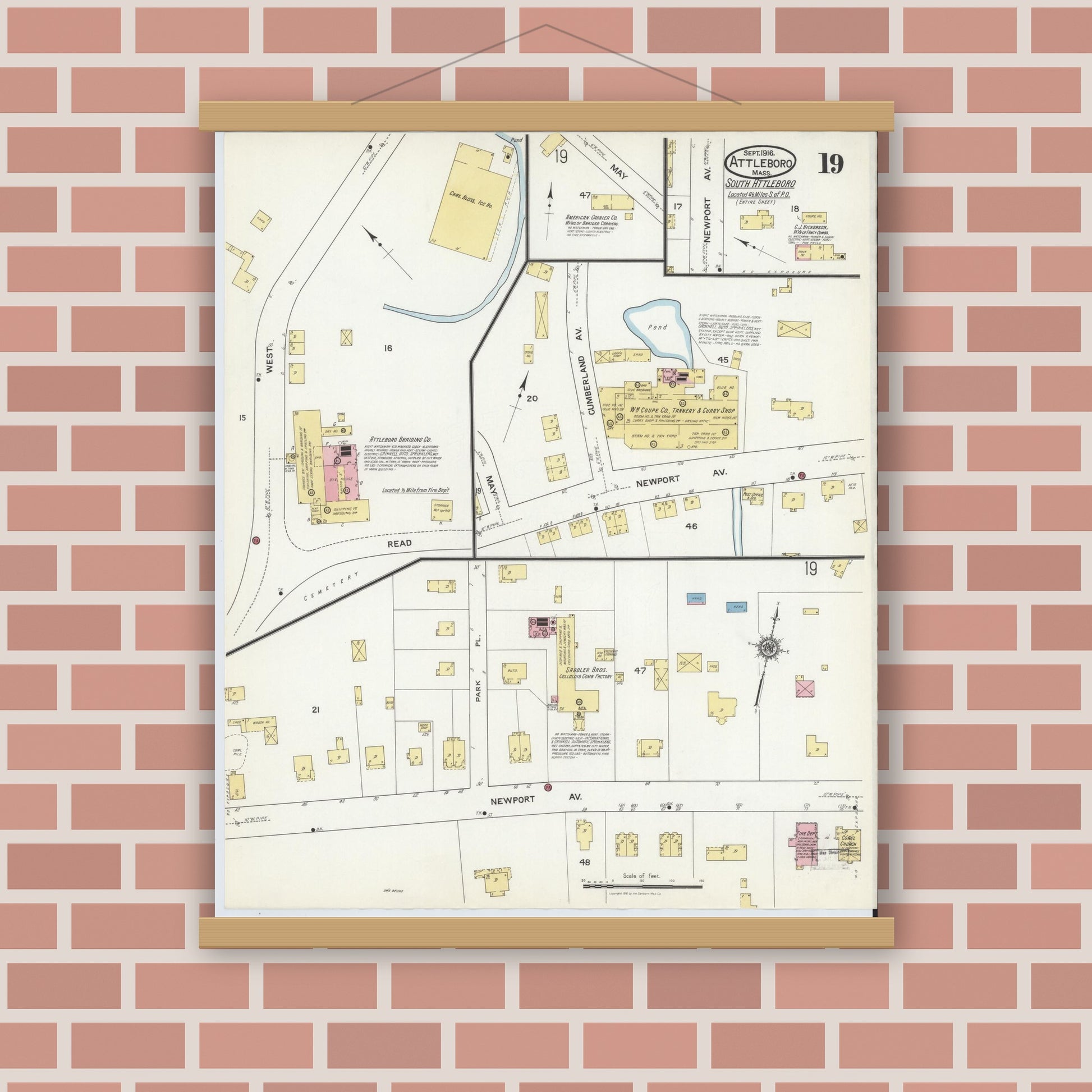 Old map wall art mockup — magnetic wood frame on brick wall — Sanborn Fire Insurance Map from Attleboro, Bristol County, Massachusetts (1916), Sheet #0019