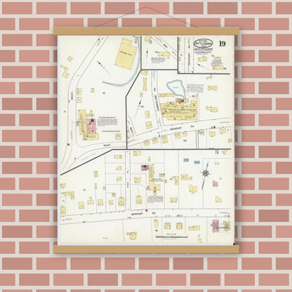Old map wall art mockup — magnetic wood frame on brick wall — Sanborn Fire Insurance Map from Attleboro, Bristol County, Massachusetts (1916), Sheet #0019