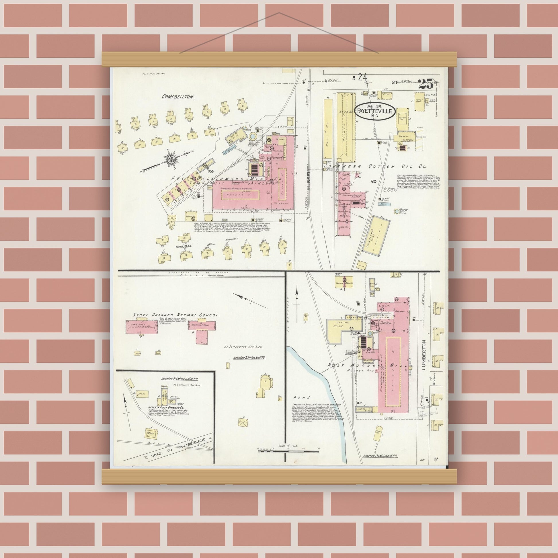Old map wall art mockup — magnetic wood frame on brick wall — Sanborn Fire Insurance Map from Fayetteville, Cumberland County, North Carolina (1914), Sheet #0025
