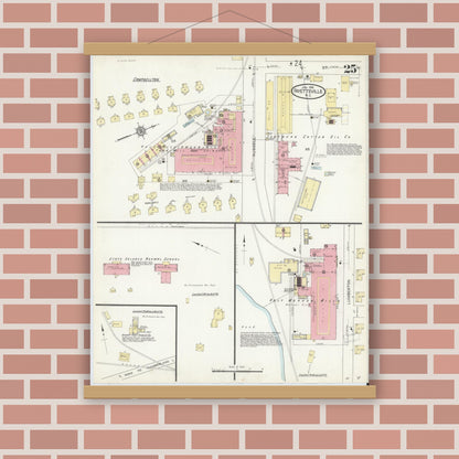 Old map wall art mockup — magnetic wood frame on brick wall — Sanborn Fire Insurance Map from Fayetteville, Cumberland County, North Carolina (1914), Sheet #0025
