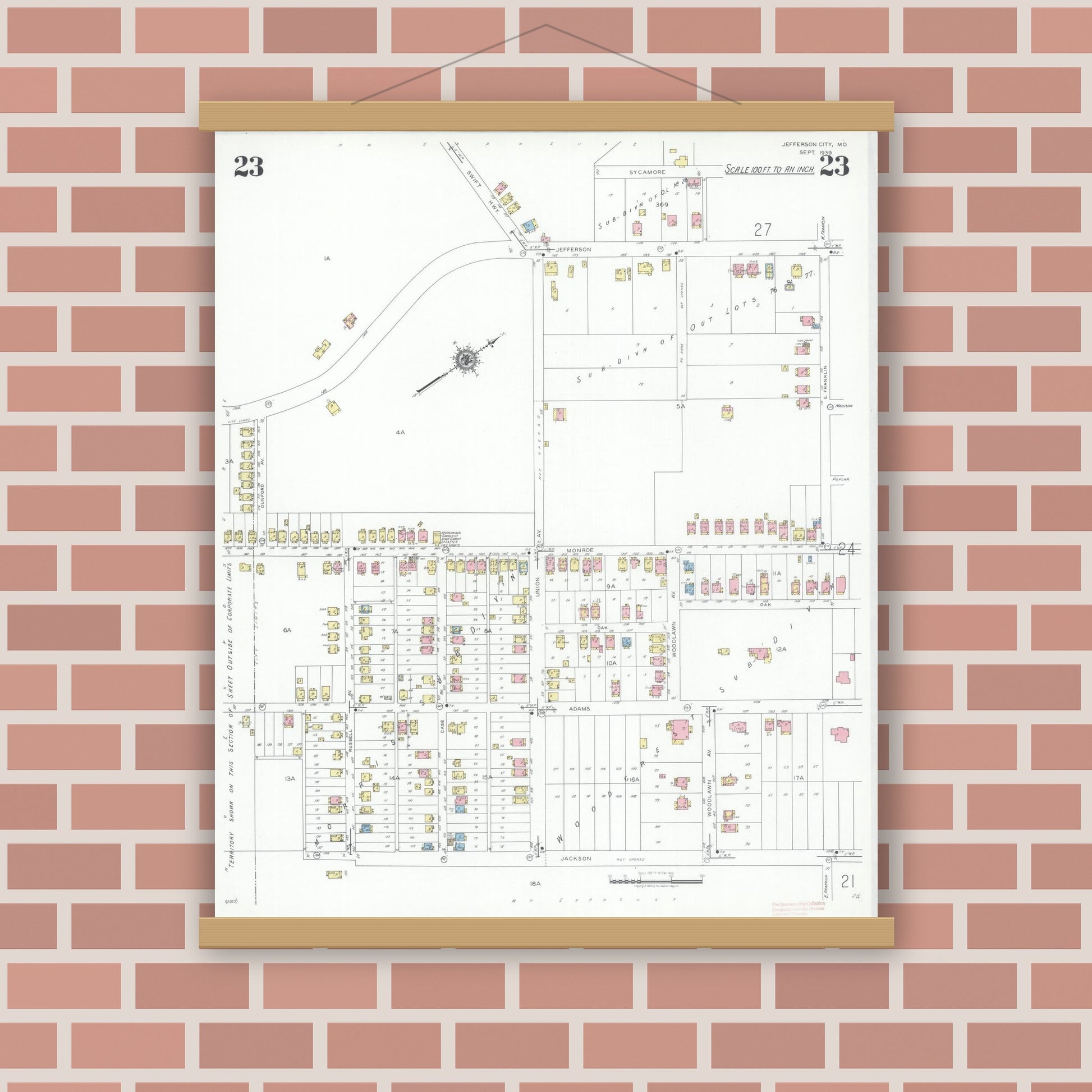 Old map wall art mockup — magnetic wood frame on brick wall — Sanborn Fire Insurance Map from Jefferson City, Cole County, Missouri (1939), Sheet #0023