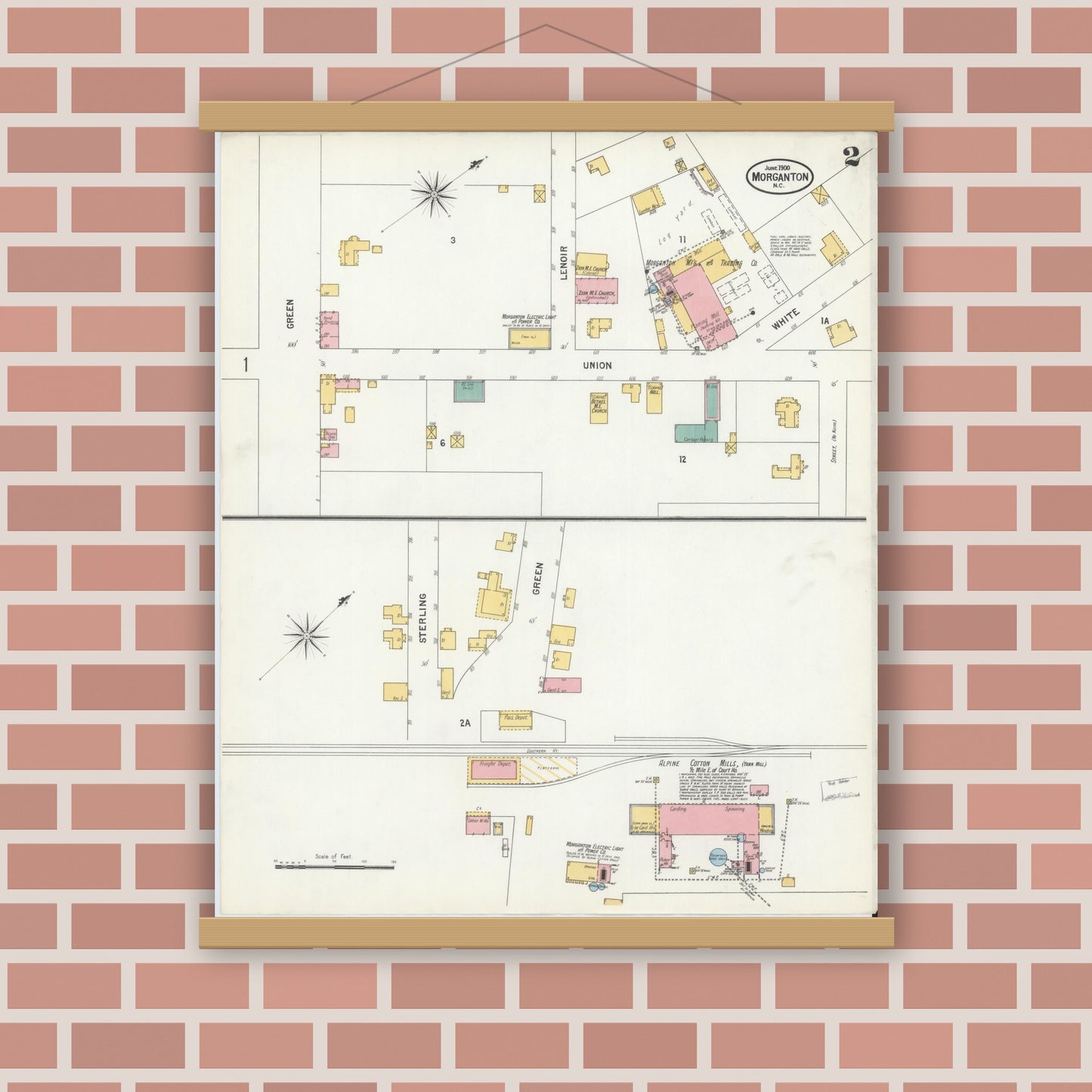 Old map wall art mockup — magnetic wood frame on brick wall — Sanborn Fire Insurance Map from Morganton, Burke County, North Carolina (1900), Sheet #0002