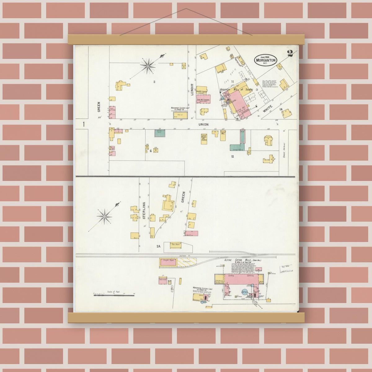 Old map wall art mockup — magnetic wood frame on brick wall — Sanborn Fire Insurance Map from Morganton, Burke County, North Carolina (1900), Sheet #0002