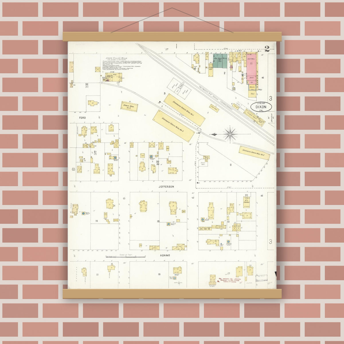 Old map wall art mockup — magnetic wood frame on brick wall — Sanborn Fire Insurance Map from Dixon, Solano County, California (1900), Sheet #0002