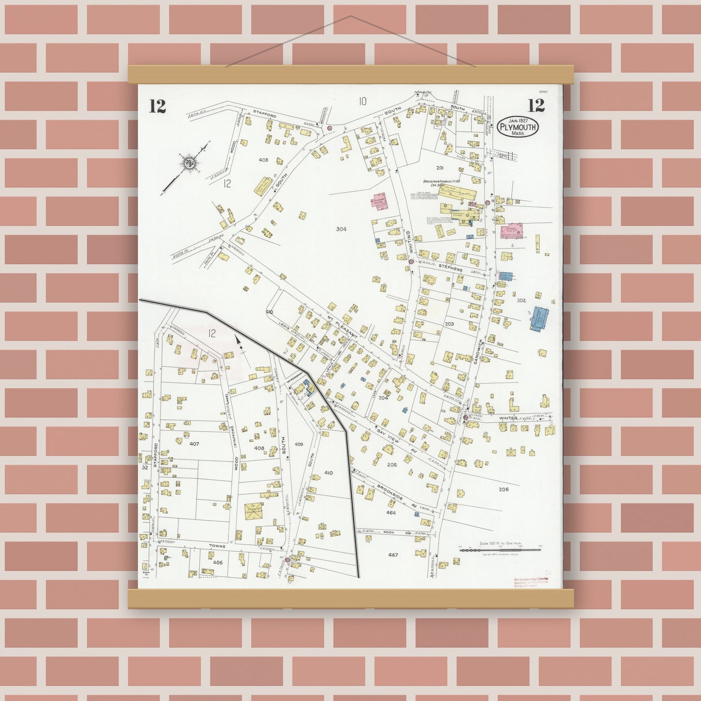 Old map wall art mockup — magnetic wood frame on brick wall — Sanborn Fire Insurance Map from Plymouth, Plymouth County, Massachusetts (1927), Sheet #0012