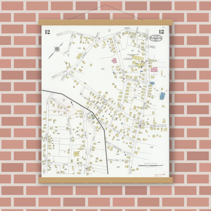 Old map wall art mockup — magnetic wood frame on brick wall — Sanborn Fire Insurance Map from Plymouth, Plymouth County, Massachusetts (1927), Sheet #0012