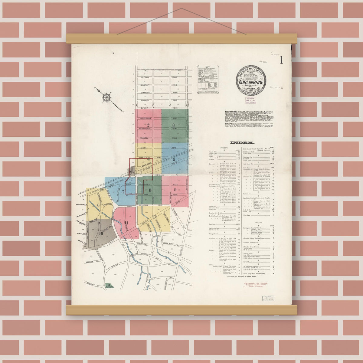 Old map wall art mockup — magnetic wood frame on brick wall — Sanborn Fire Insurance Map from Burlingame, San Mateo County, California (1913), Sheet #0001