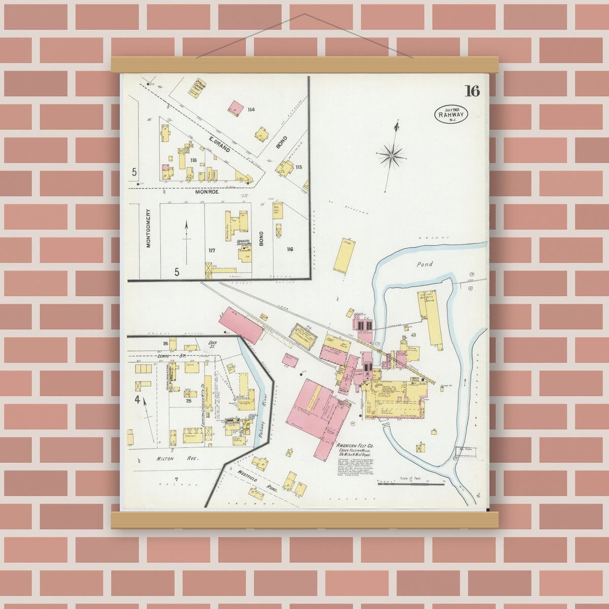 Old map wall art mockup — magnetic wood frame on brick wall — Sanborn Fire Insurance Map from Rahway, Union County, New Jersey (1901), Sheet #0016