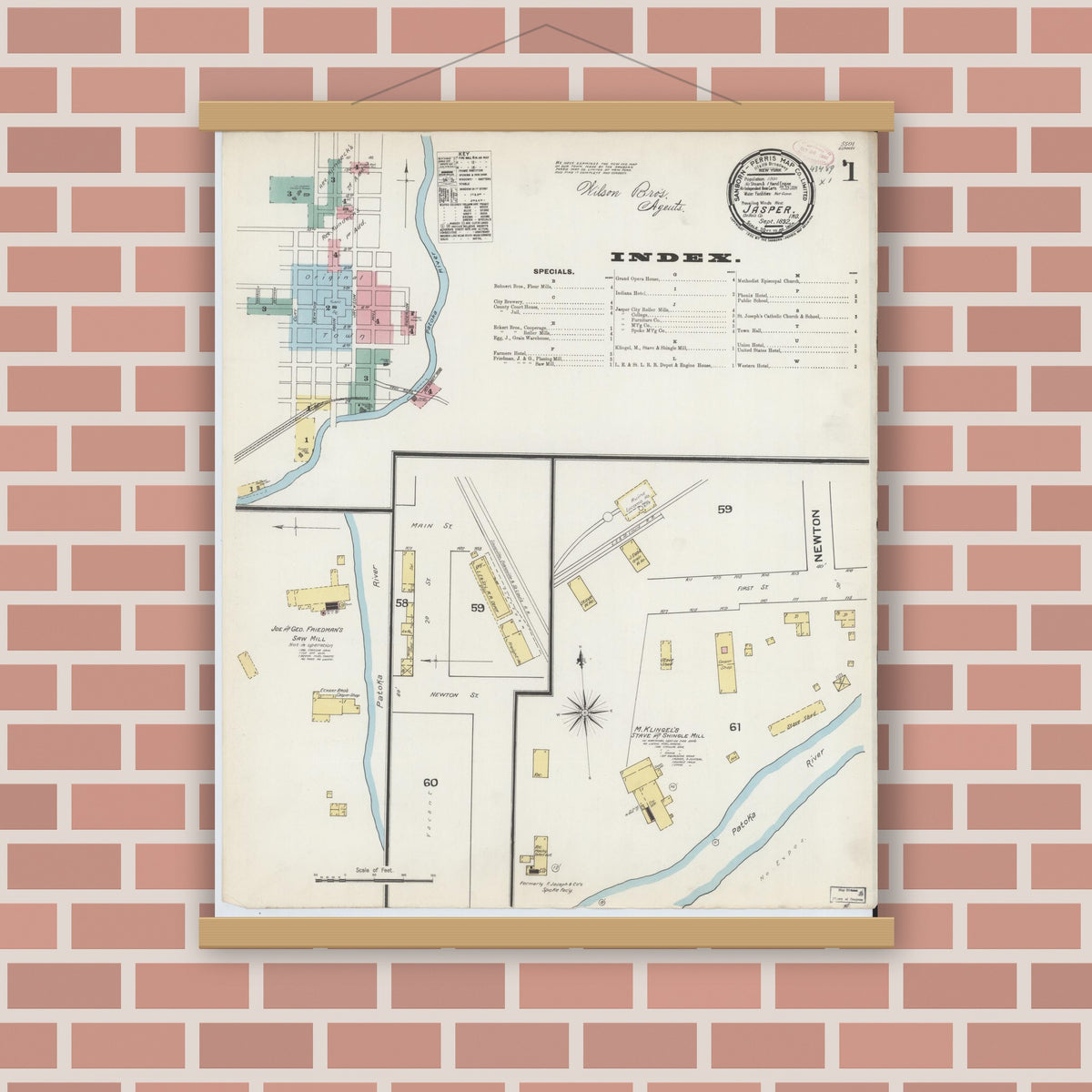 Old map wall art mockup — magnetic wood frame on brick wall — Sanborn Fire Insurance Map from Jasper, Dubois County, Indiana (1892) - Complete Map Set