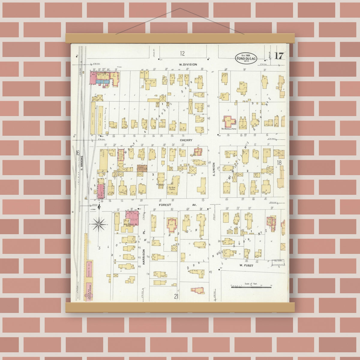 Old map wall art mockup — magnetic wood frame on brick wall — Sanborn Fire Insurance Map from Fond du Lac, Fond du Lac County, Wisconsin (1908), Sheet #0017