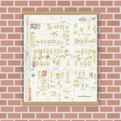 Old map wall art mockup — magnetic wood frame on brick wall — Sanborn Fire Insurance Map from Fond du Lac, Fond du Lac County, Wisconsin (1908), Sheet #0017