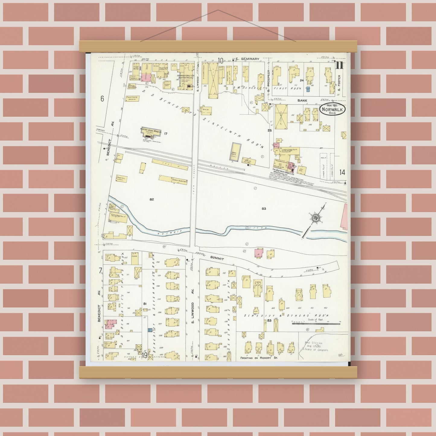 Old map wall art mockup — magnetic wood frame on brick wall — Sanborn Fire Insurance Map from Norwalk, Huron County, Ohio (1911), Sheet #0011