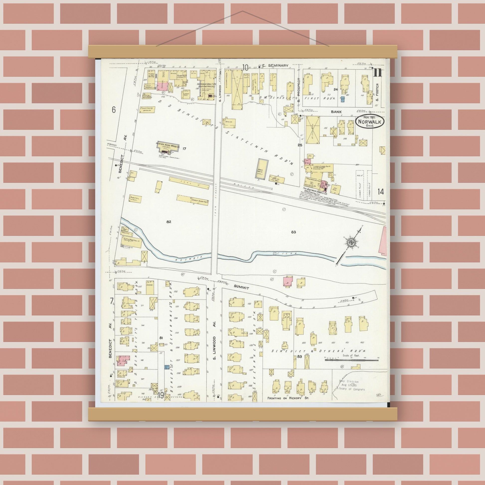 Old map wall art mockup — magnetic wood frame on brick wall — Sanborn Fire Insurance Map from Norwalk, Huron County, Ohio (1911), Sheet #0011
