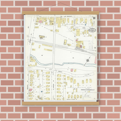 Old map wall art mockup — magnetic wood frame on brick wall — Sanborn Fire Insurance Map from Norwalk, Huron County, Ohio (1911), Sheet #0011