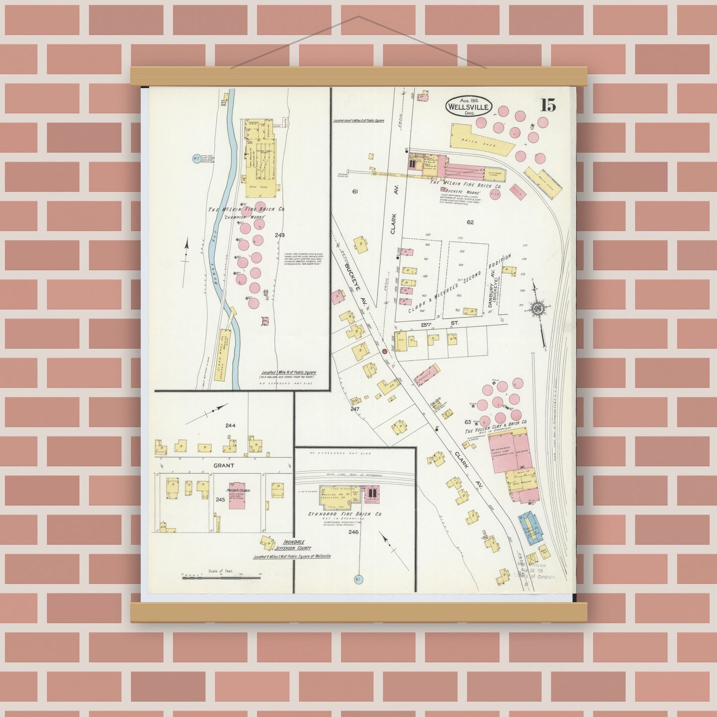 Old map wall art mockup — magnetic wood frame on brick wall — Sanborn Fire Insurance Map from Wellsville, Columbiana County, Ohio (1915), Sheet #0015