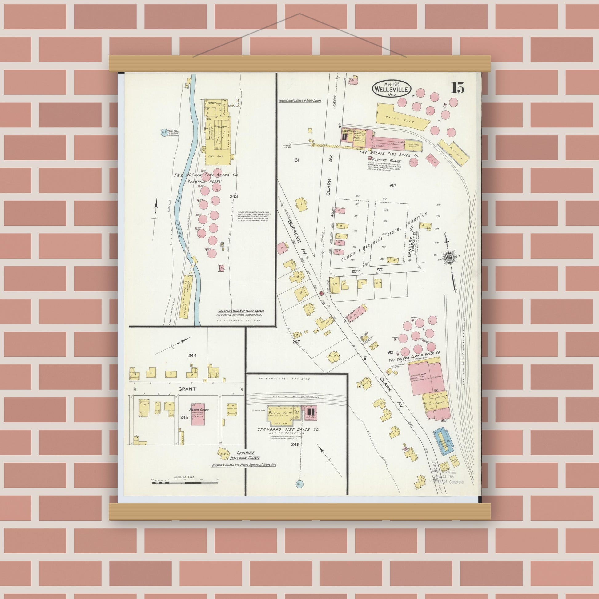 Old map wall art mockup — magnetic wood frame on brick wall — Sanborn Fire Insurance Map from Wellsville, Columbiana County, Ohio (1915), Sheet #0015