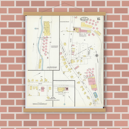 Old map wall art mockup — magnetic wood frame on brick wall — Sanborn Fire Insurance Map from Wellsville, Columbiana County, Ohio (1915), Sheet #0015