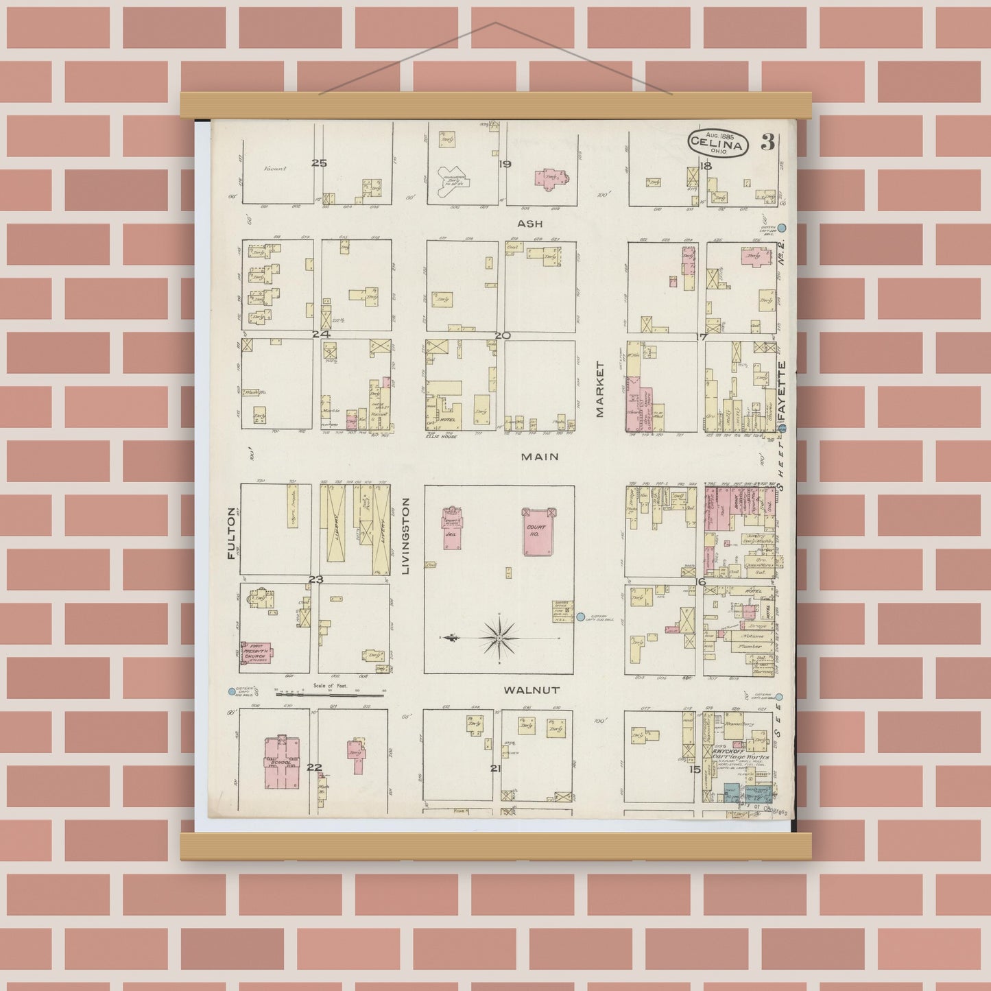 Old map wall art mockup — magnetic wood frame on brick wall — Sanborn Fire Insurance Map from Celina, Mercer County, Ohio (1885), Sheet #0003