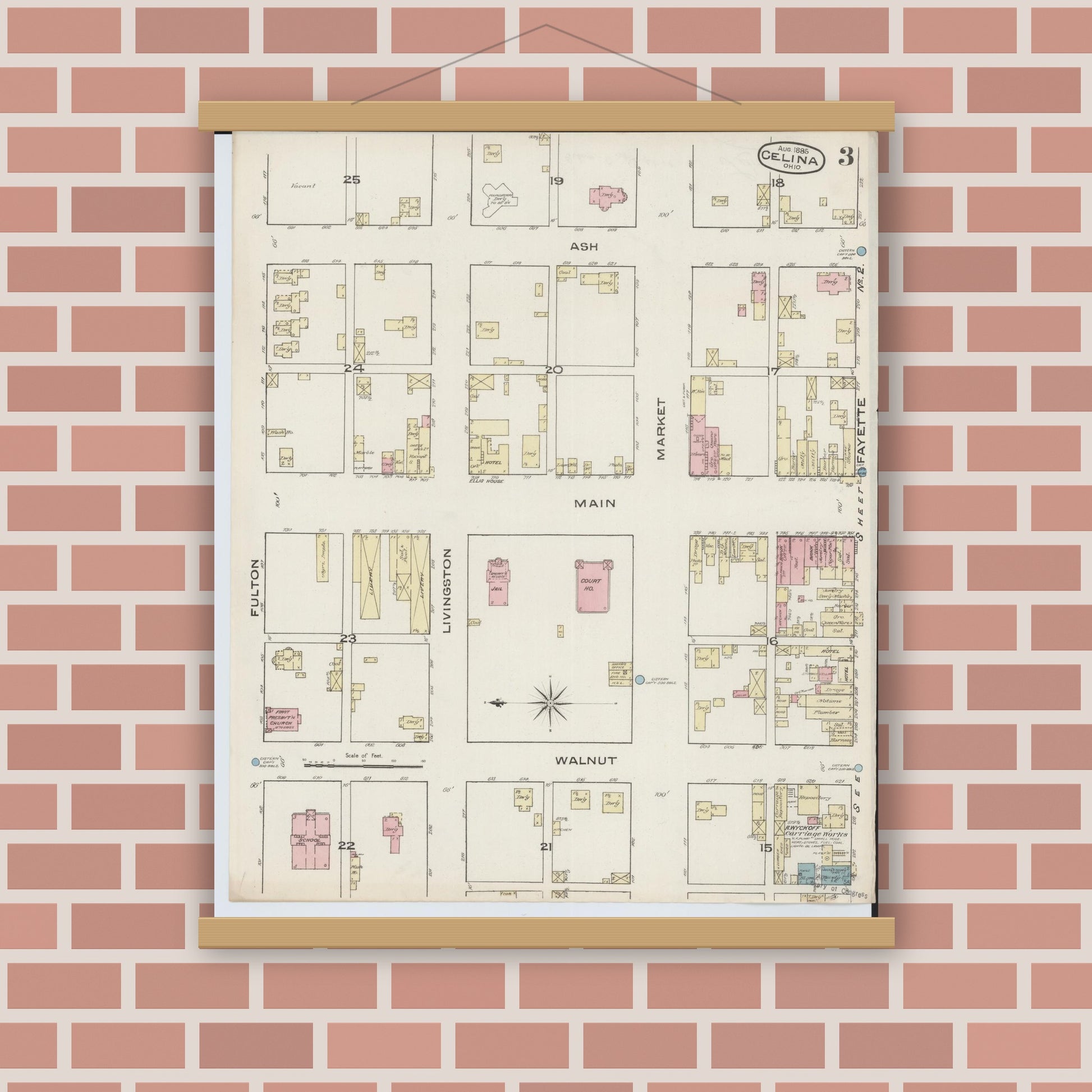 Old map wall art mockup — magnetic wood frame on brick wall — Sanborn Fire Insurance Map from Celina, Mercer County, Ohio (1885), Sheet #0003