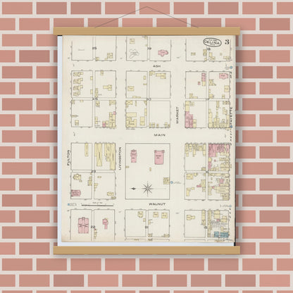 Old map wall art mockup — magnetic wood frame on brick wall — Sanborn Fire Insurance Map from Celina, Mercer County, Ohio (1885), Sheet #0003