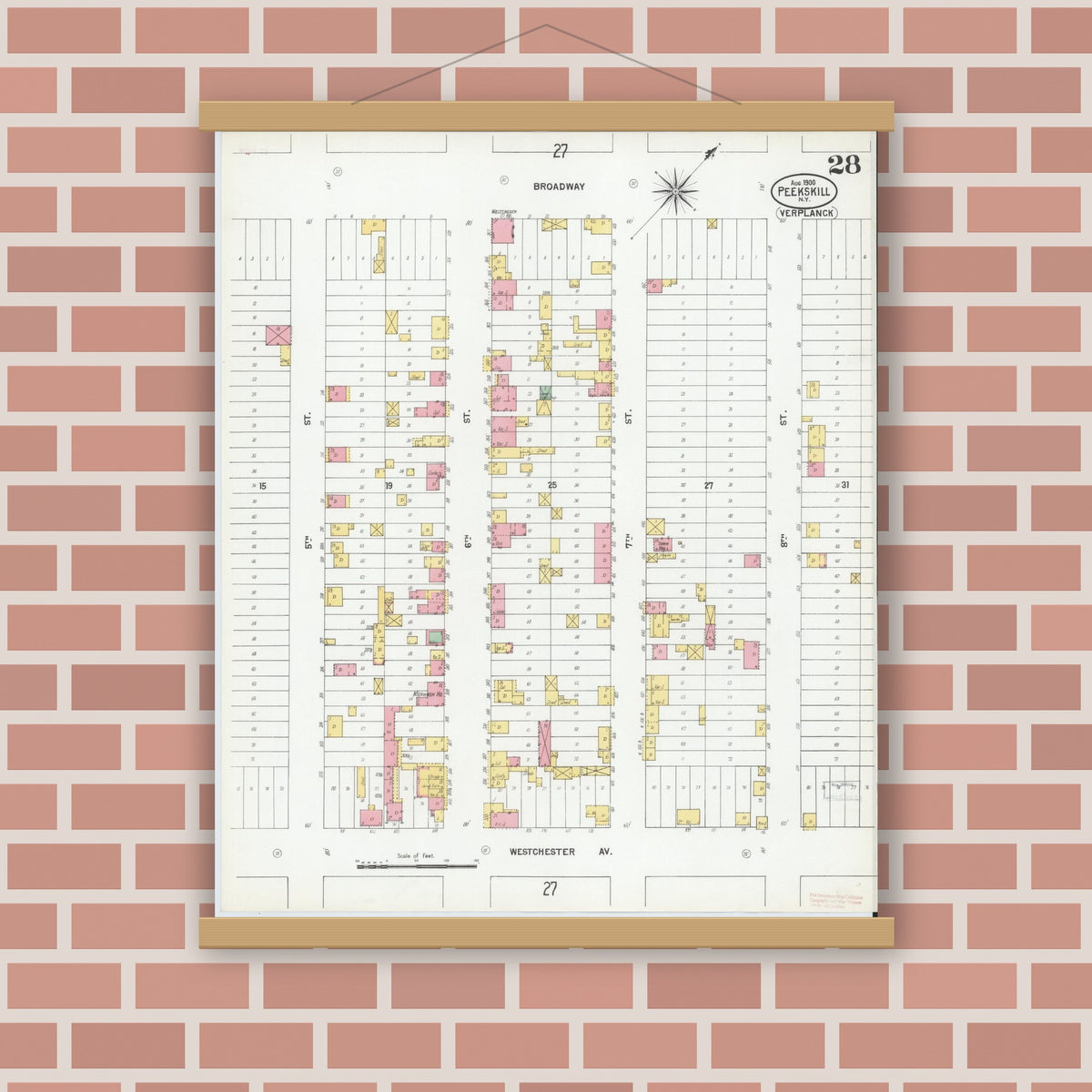 Old map wall art mockup — magnetic wood frame on brick wall — Sanborn Fire Insurance Map from Peekskill, Westchester County, New York (1900), Sheet #0028