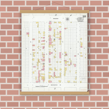 Old map wall art mockup — magnetic wood frame on brick wall — Sanborn Fire Insurance Map from Peekskill, Westchester County, New York (1900), Sheet #0028