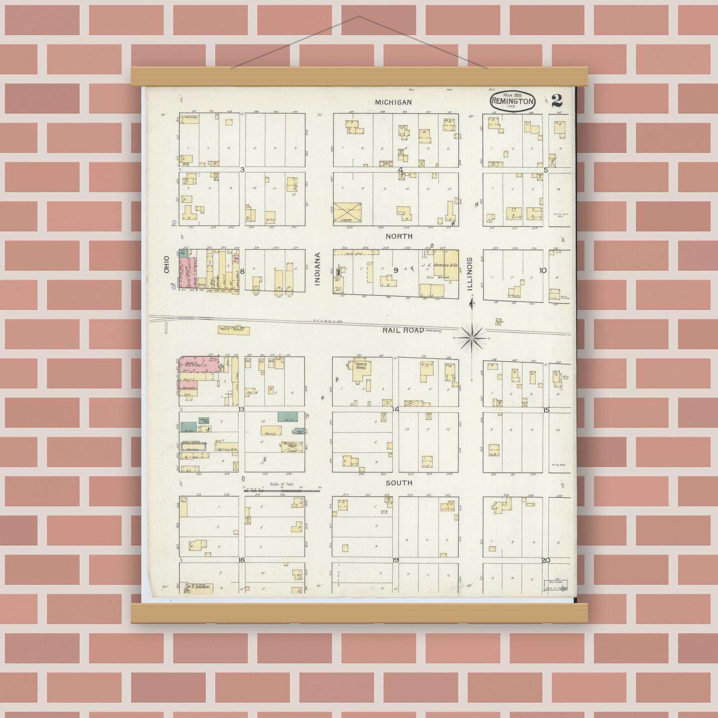 Old map wall art mockup — magnetic wood frame on brick wall — Sanborn Fire Insurance Map from Remington, Jasper County, Indiana (1893), Sheet #0002