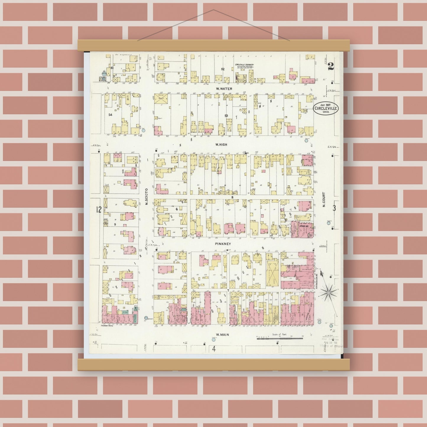 Old map wall art mockup — magnetic wood frame on brick wall — Sanborn Fire Insurance Map from Circleville, Pickaway County, Ohio (1907), Sheet #0002
