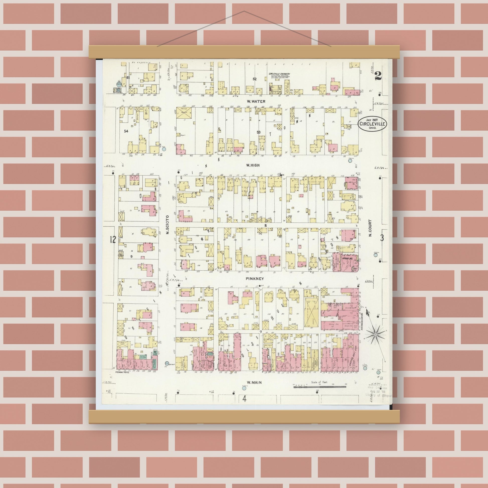 Old map wall art mockup — magnetic wood frame on brick wall — Sanborn Fire Insurance Map from Circleville, Pickaway County, Ohio (1907), Sheet #0002
