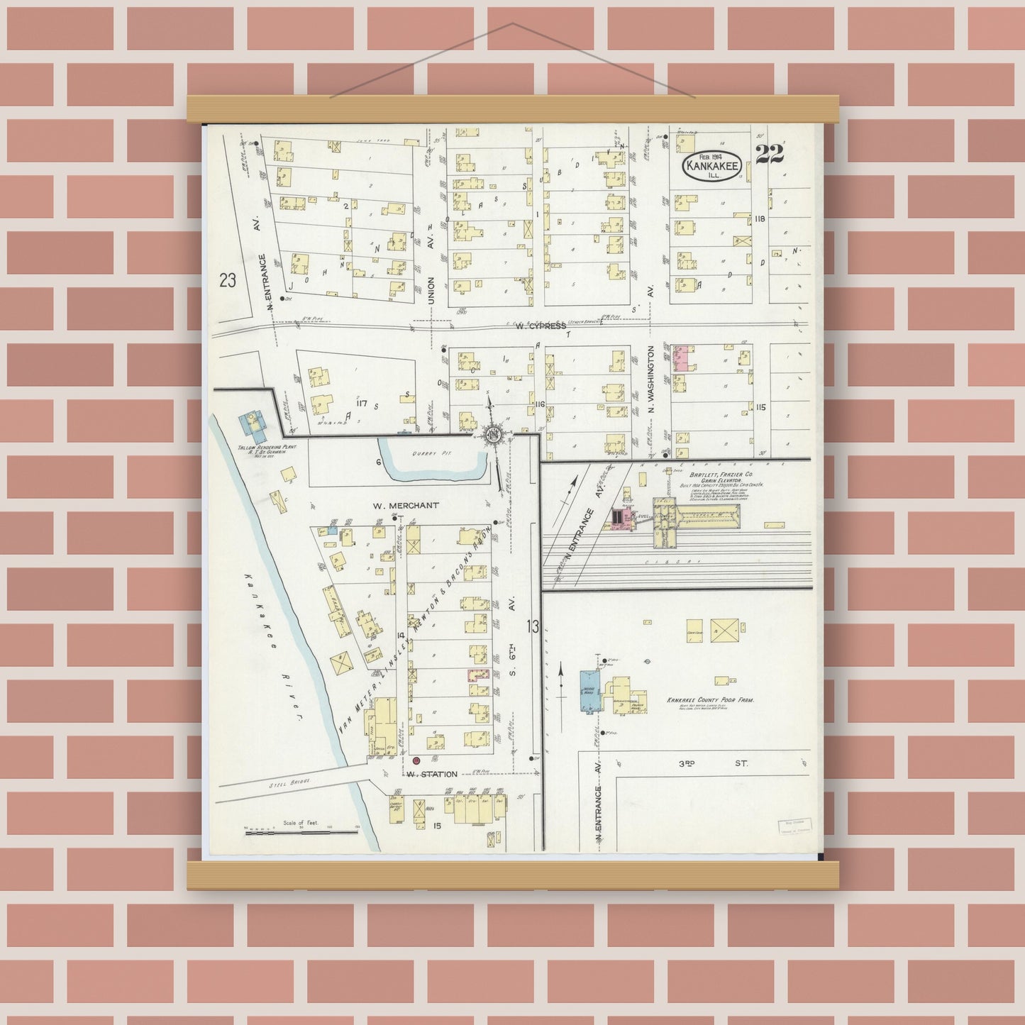 Old map wall art mockup — magnetic wood frame on brick wall — Sanborn Fire Insurance Map from Kankakee, Kankakee County, Illinois (1914), Sheet #0022