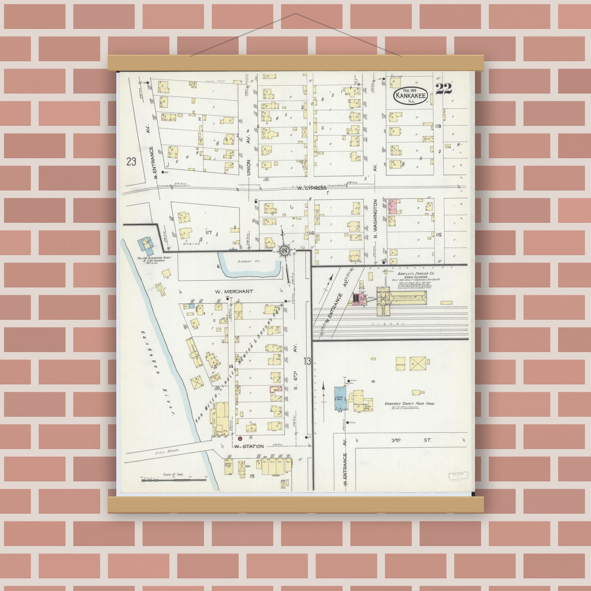 Old map wall art mockup — magnetic wood frame on brick wall — Sanborn Fire Insurance Map from Kankakee, Kankakee County, Illinois (1914), Sheet #0022