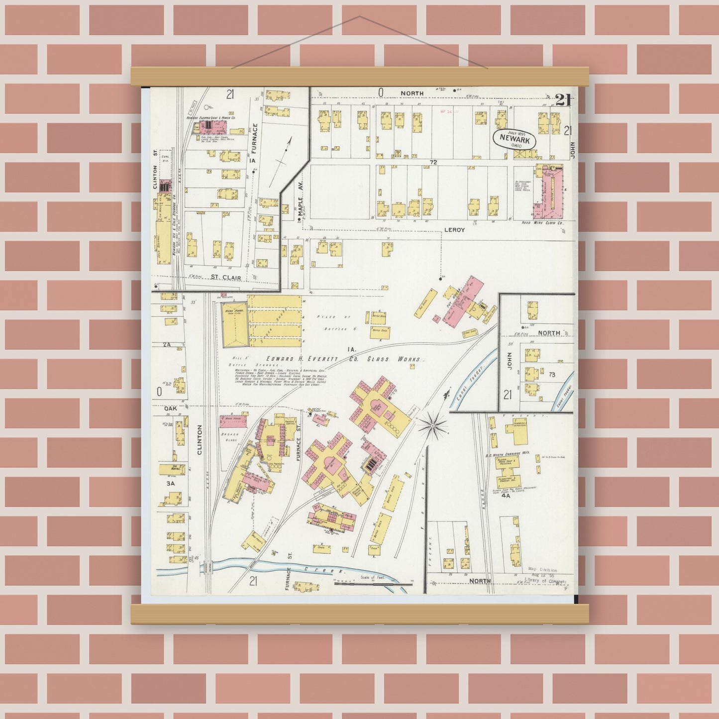 Old map wall art mockup — magnetic wood frame on brick wall — Sanborn Fire Insurance Map from Newark, Licking County, Ohio (1899), Sheet #0021