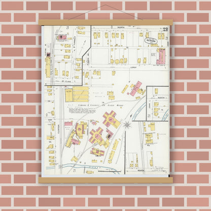 Old map wall art mockup — magnetic wood frame on brick wall — Sanborn Fire Insurance Map from Newark, Licking County, Ohio (1899), Sheet #0021