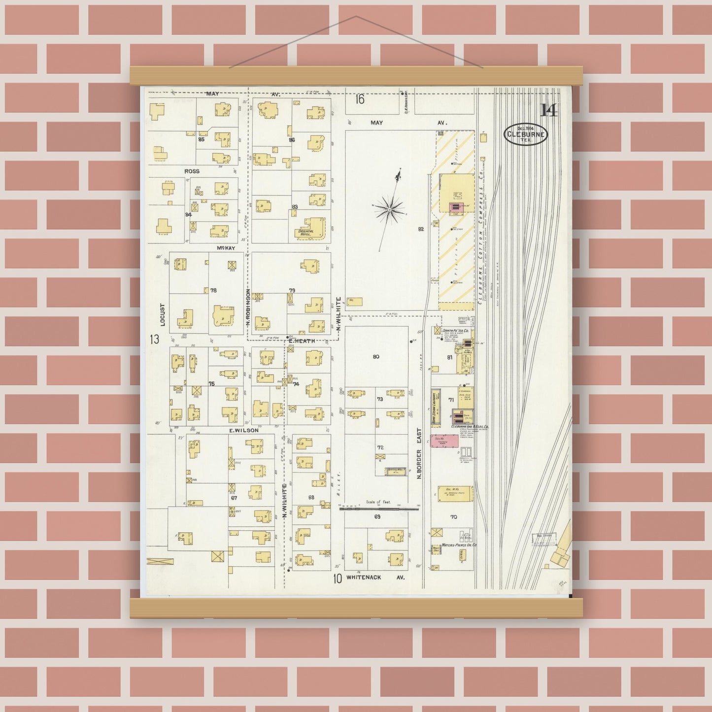 Old map wall art mockup — magnetic wood frame on brick wall — Sanborn Fire Insurance Map from Cleburne, Johnson County, Texas (1904), Sheet #0014
