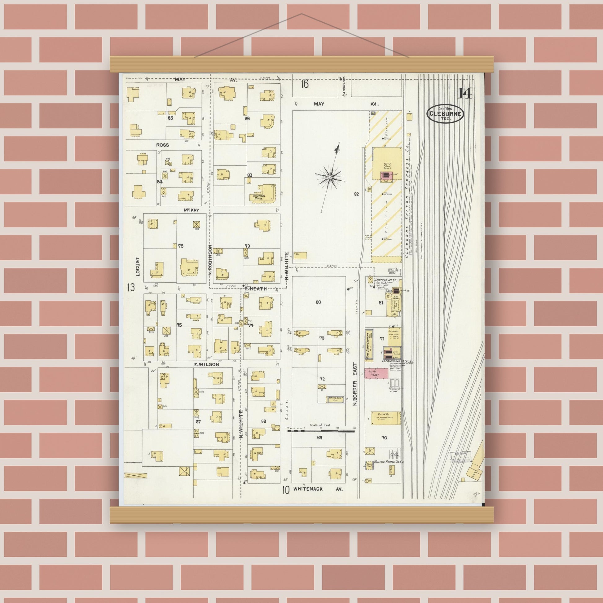 Old map wall art mockup — magnetic wood frame on brick wall — Sanborn Fire Insurance Map from Cleburne, Johnson County, Texas (1904), Sheet #0014