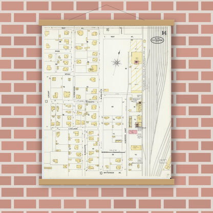 Old map wall art mockup — magnetic wood frame on brick wall — Sanborn Fire Insurance Map from Cleburne, Johnson County, Texas (1904), Sheet #0014