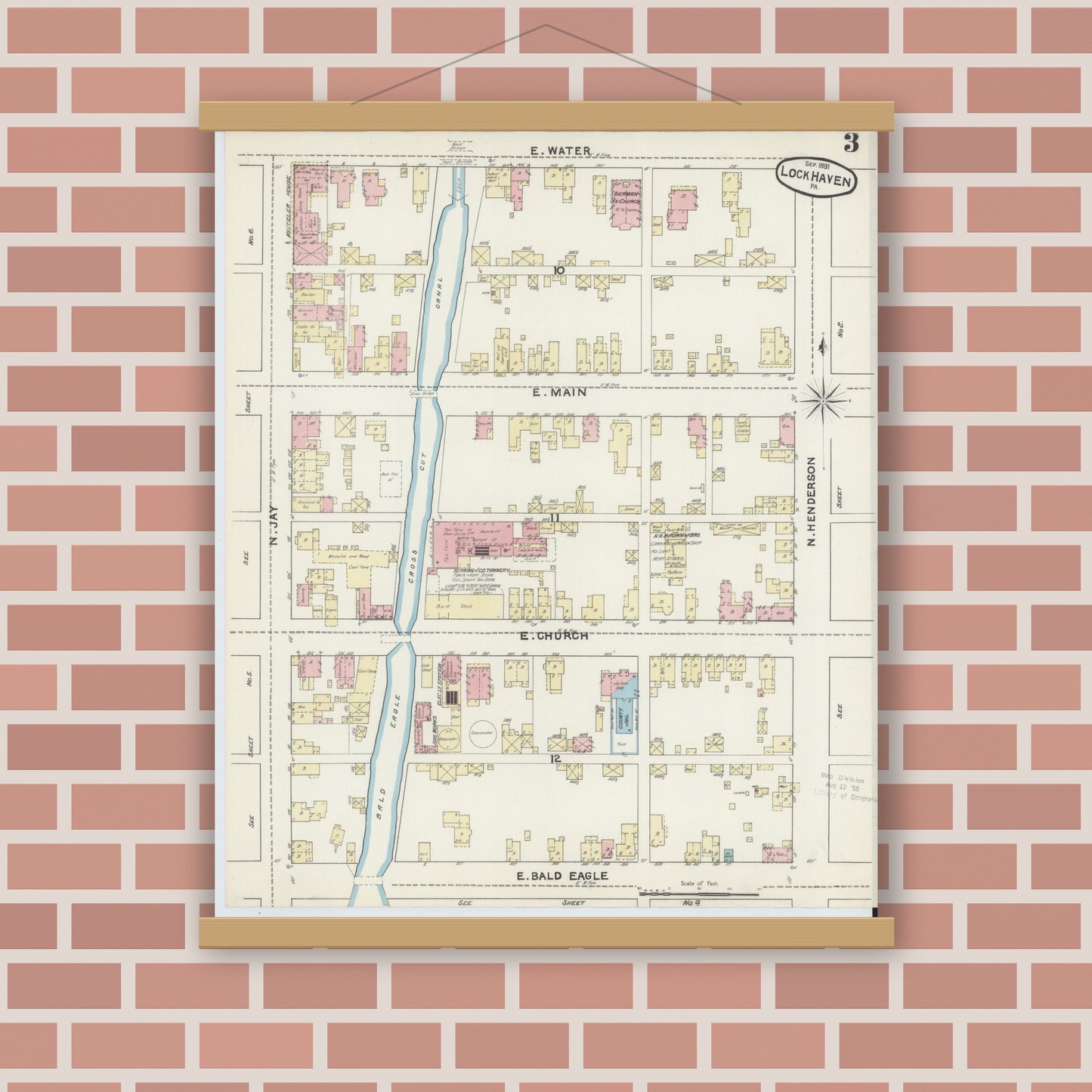Old map wall art mockup — magnetic wood frame on brick wall — Sanborn Fire Insurance Map from Lock Haven, Clinton County, Pennsylvania (1891), Sheet #0003