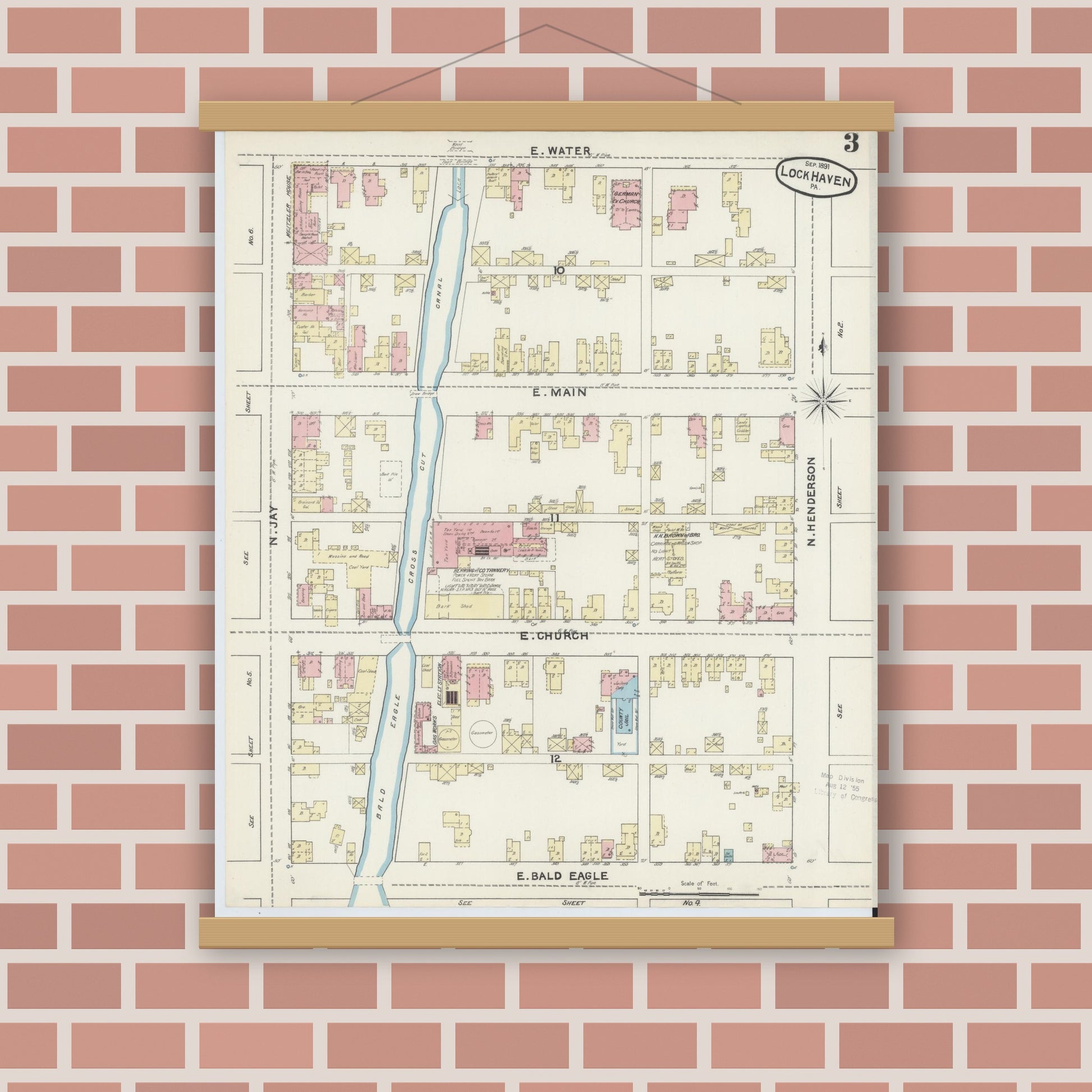 Old map wall art mockup — magnetic wood frame on brick wall — Sanborn Fire Insurance Map from Lock Haven, Clinton County, Pennsylvania (1891), Sheet #0003